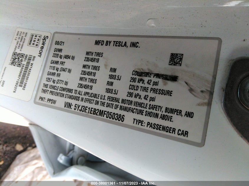 VIN 5YJ3E1EB2MF050386 2021 TESLA MODEL 3 LONG RANGE