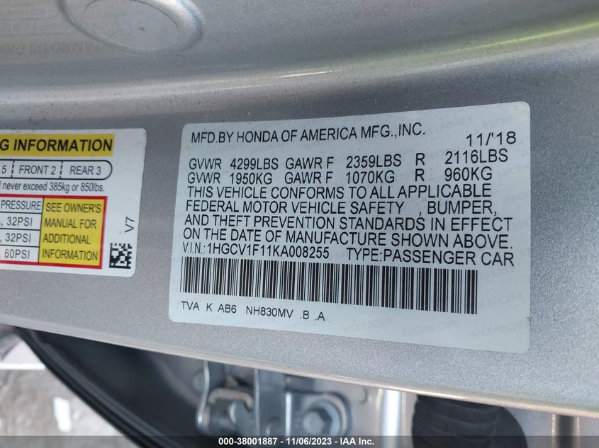 VIN 1HGCV1F11KA008255 2019 HONDA ACCORD LX
