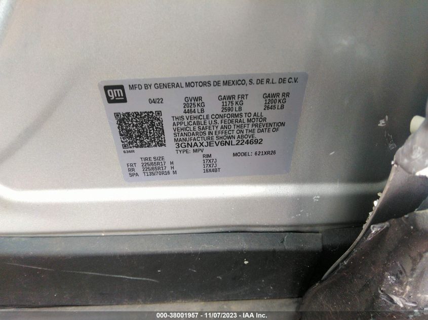 2022 CHEVROLET EQUINOX LT - 3GNAXJEV6NL224692