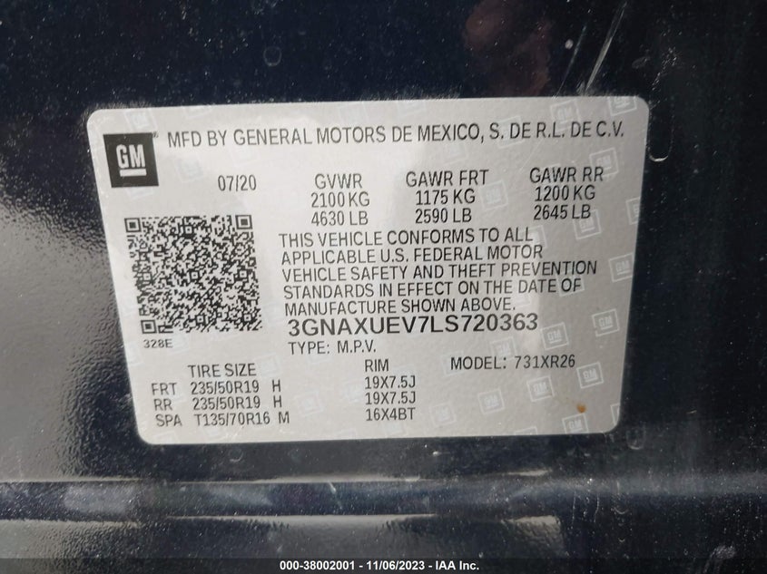 VIN 3GNAXUEV7LS720363 2020 CHEVROLET EQUINOX LT