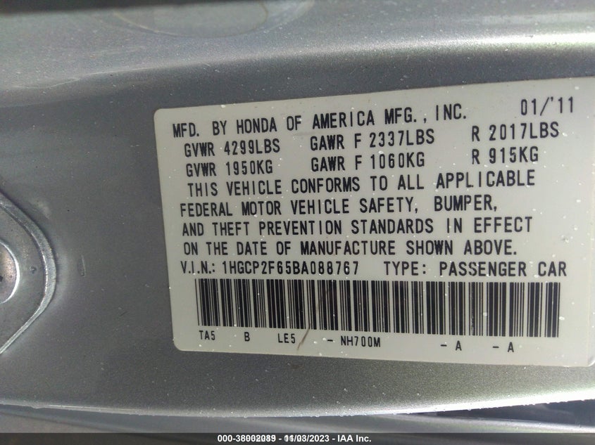 2011 HONDA ACCORD SDN VIN: 1HGCP2F65BA088767