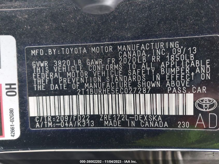 2014 TOYOTA COROLLA L/LE/LE PLS/PRM/S/S PLS - 2T1BURHE5EC027287
