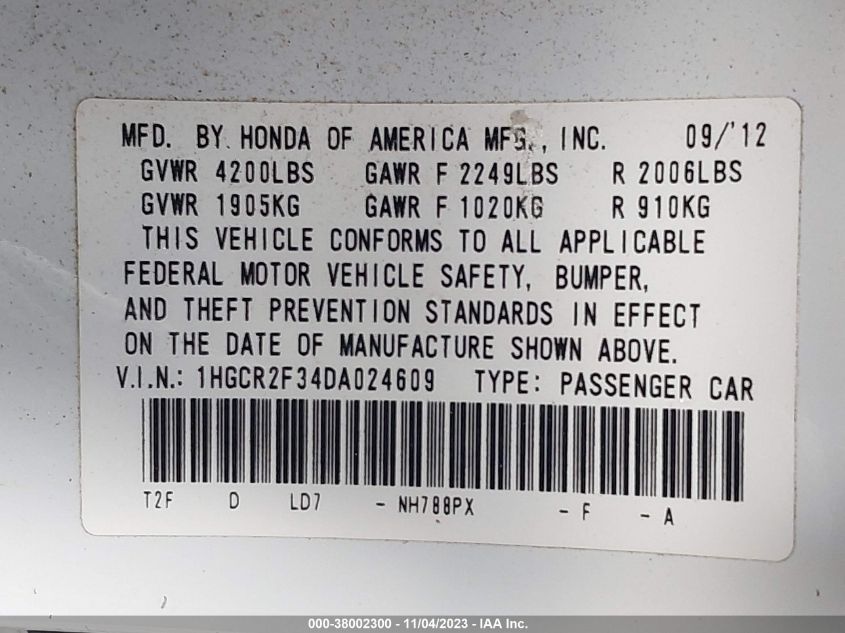 2013 HONDA ACCORD LX - 1HGCR2F34DA024609