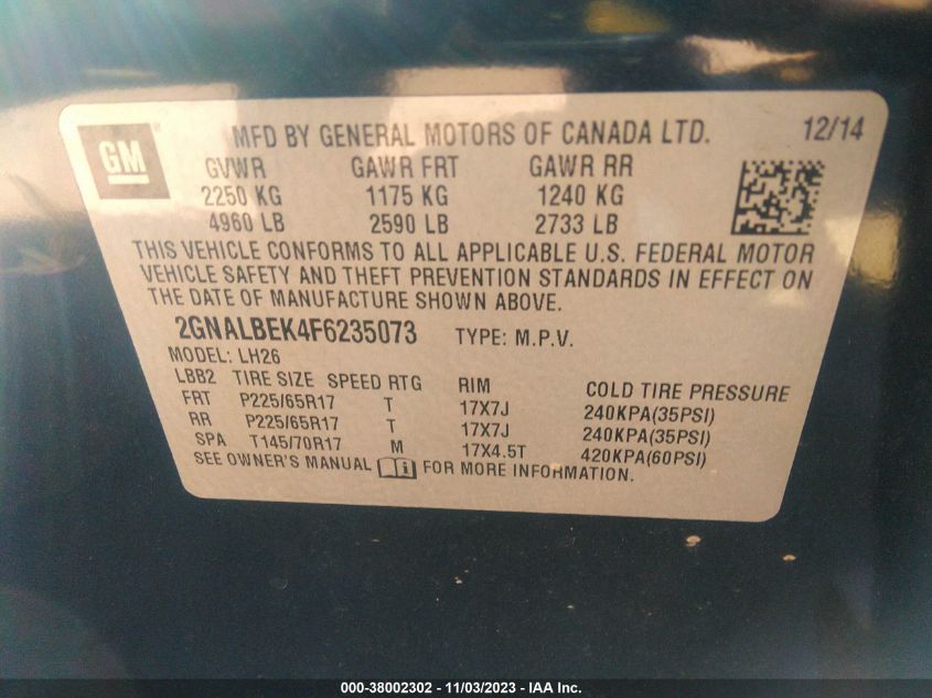 2015 CHEVROLET EQUINOX LT - 2GNALBEK4F6235073