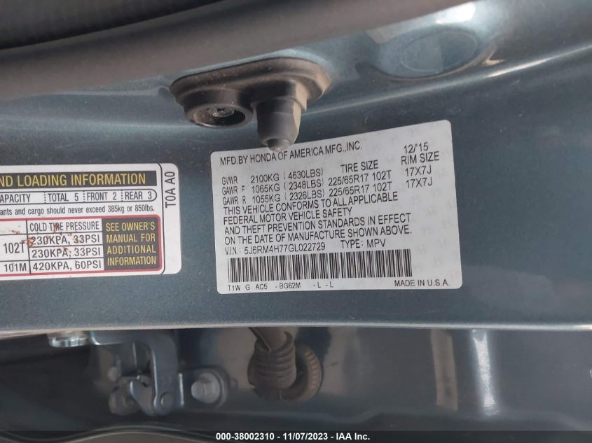 2016 HONDA CR-V EXL - 5J6RM4H77GL022729