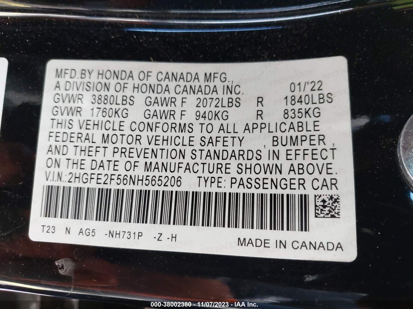 VIN 2HGFE2F56NH565206 2022 HONDA CIVIC SEDAN SPORT