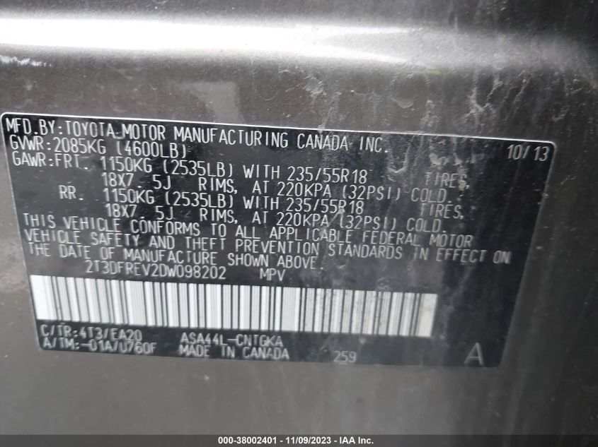 2013 TOYOTA RAV4 LIMITED - 2T3DFREV2DW098202