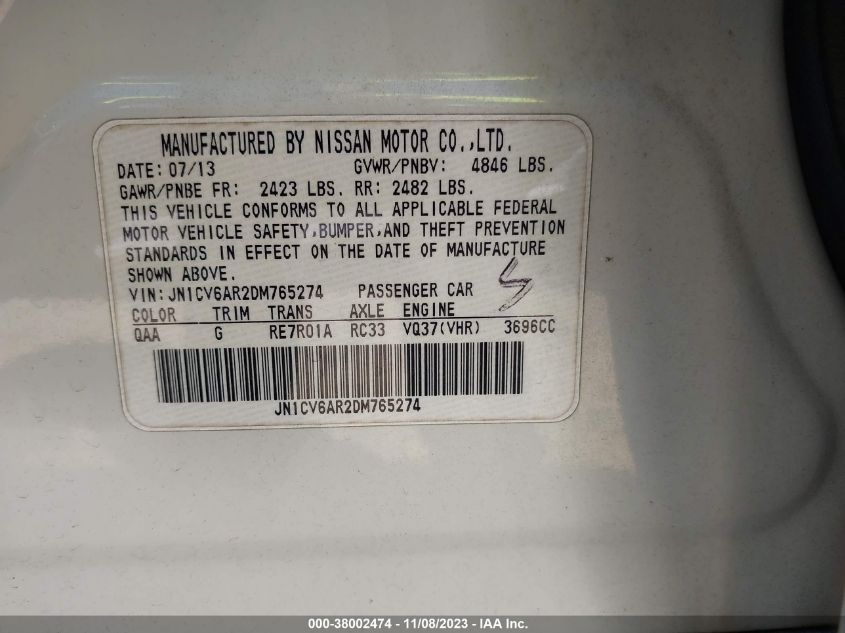 2013 INFINITI G37X - JN1CV6AR2DM765274