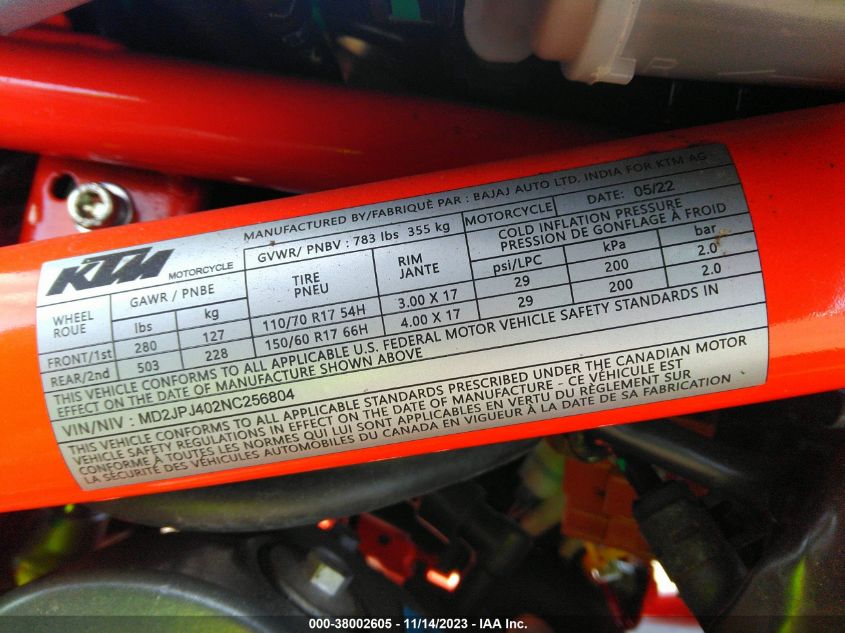 2022 KTM 390 DUKE MD2JPJ402NC256804