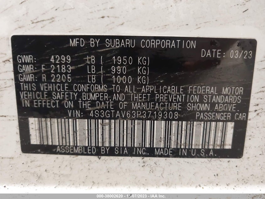 VIN 4S3GTAV63P3719308 2023 SUBARU IMPREZA PREMIUM