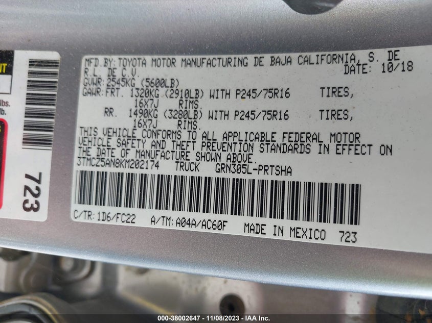 VIN 3TMCZ5AN8KM202174 2019 TOYOTA TACOMA DOUBLE CAB/SR/SR5/TRD SPO