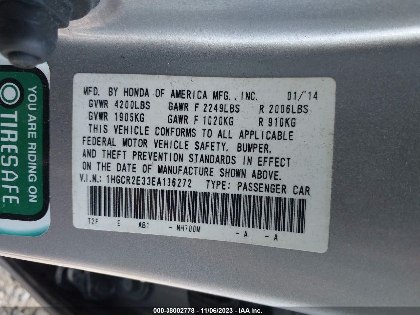 2014 HONDA ACCORD LX 1HGCR2E33EA136272
