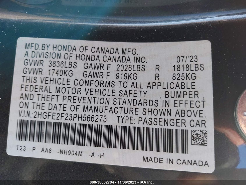 VIN 2HGFE2F23PH566273 2023 HONDA CIVIC LX