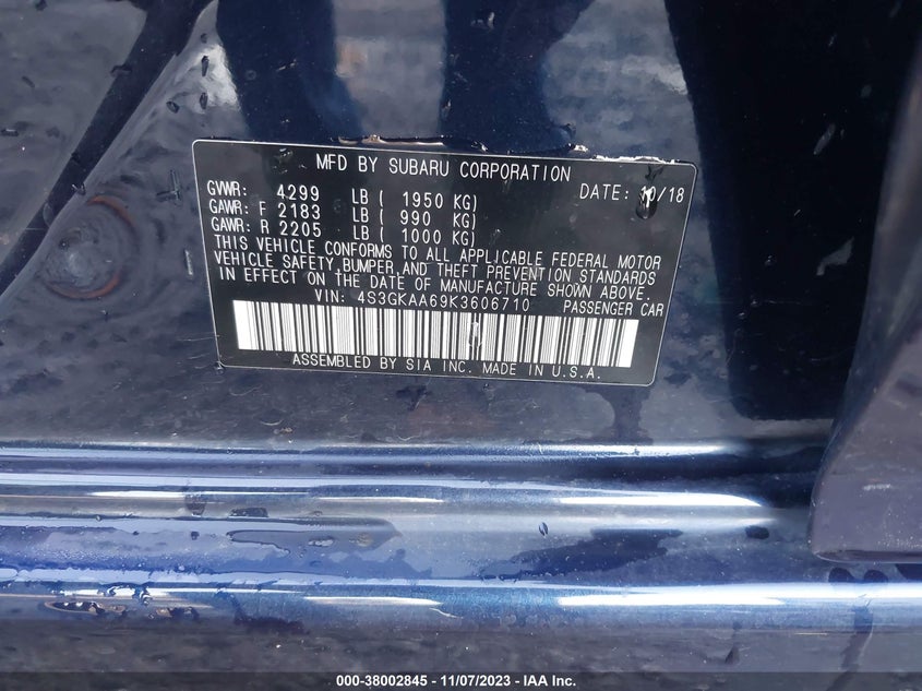 VIN 4S3GKAA69K3606710 2019 SUBARU IMPREZA