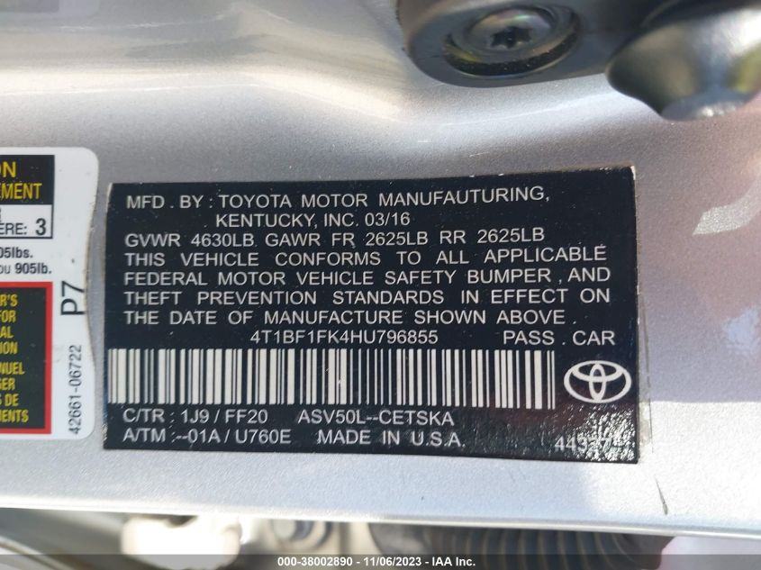 2017 TOYOTA CAMRY LE/XLE/SE/XSE - 4T1BF1FK4HU796855