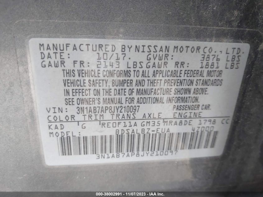 2018 NISSAN SENTRA S/SV/SR/SL - 3N1AB7AP8JY210097