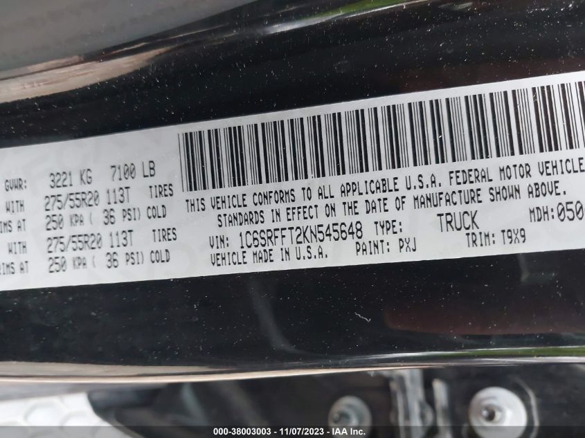 2019 RAM 1500 BIG HORN/LONE STAR - 1C6SRFFT2KN545648