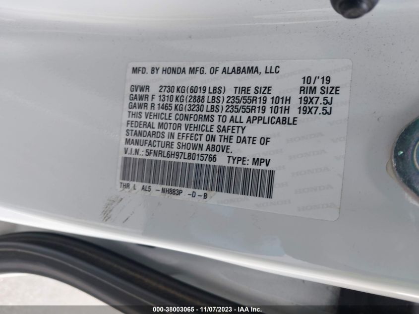 5FNRL6H97LB015766 2020 HONDA ODYSSEY, photo no. 9