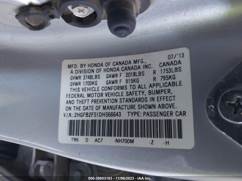 2013 HONDA CIVIC LX - 2HGFB2F51DH566643
