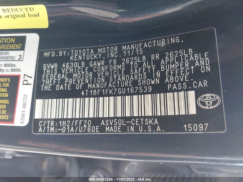 2016 TOYOTA CAMRY LE/XLE/SE/XSE - 4T1BF1FK7GU167539
