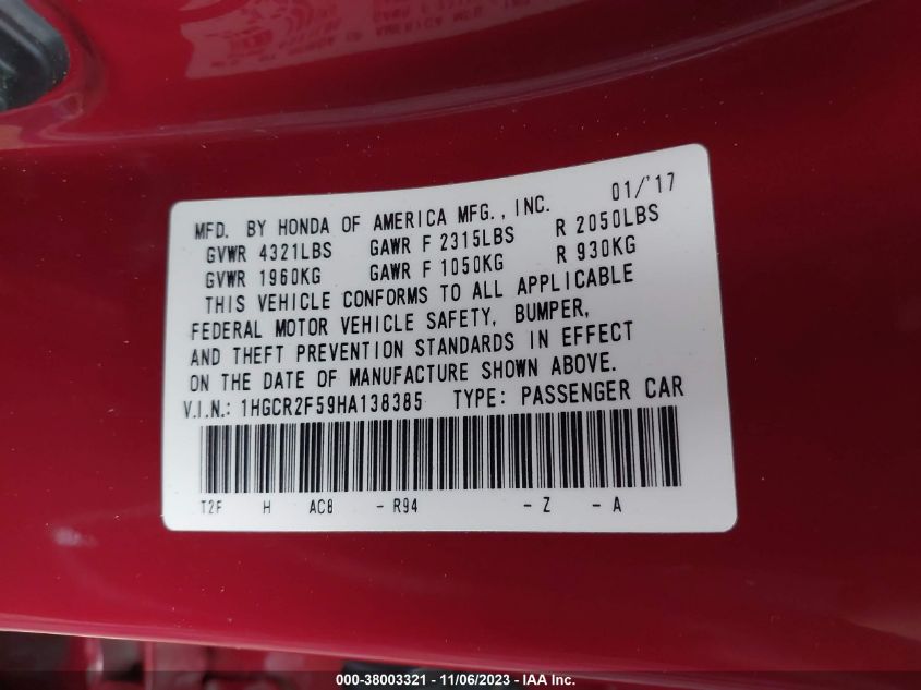 2017 HONDA ACCORD SPORT - 1HGCR2F59HA138385