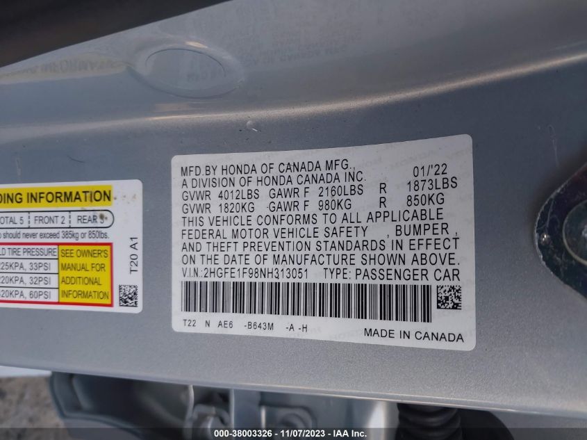2022 HONDA CIVIC TOURING - 2HGFE1F98NH313051