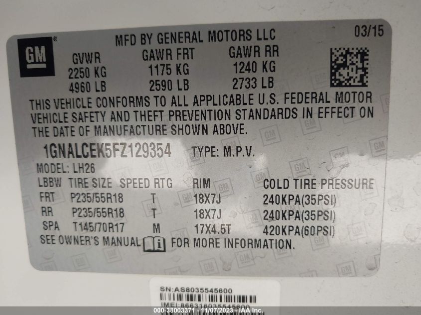 2015 CHEVROLET EQUINOX LT - 1GNALCEK5FZ129354