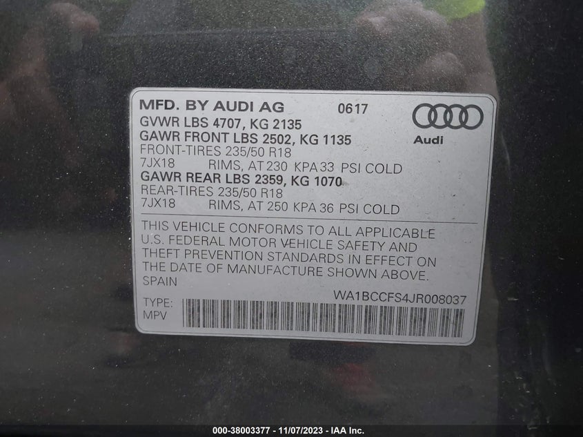 VIN WA1BCCFS4JR008037 2018 AUDI Q3 PREMIUM