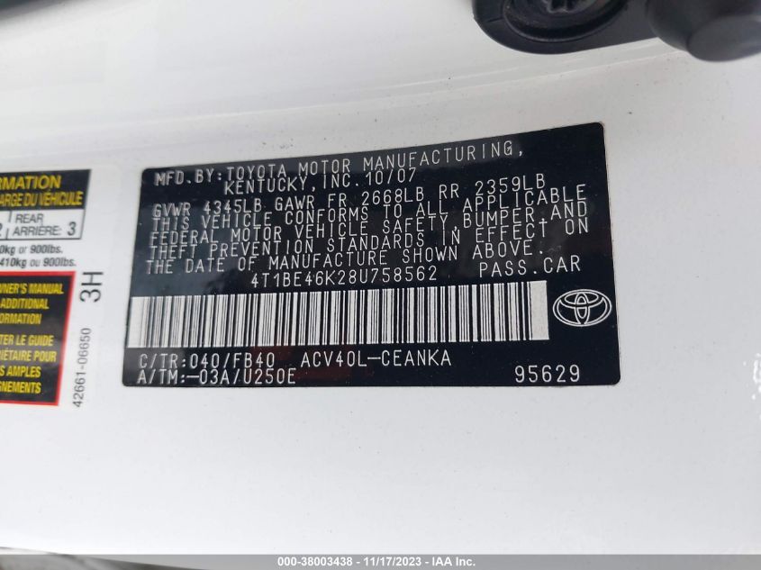 4T1BE46K28U758562 | 2008 TOYOTA CAMRY