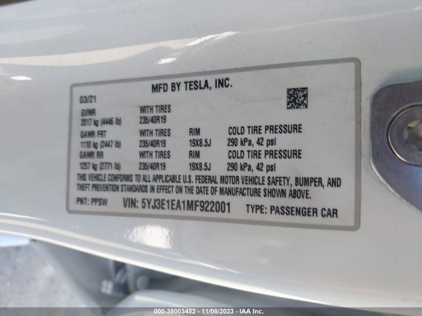 2021 TESLA MODEL 3 - 5YJ3E1EA1MF922001