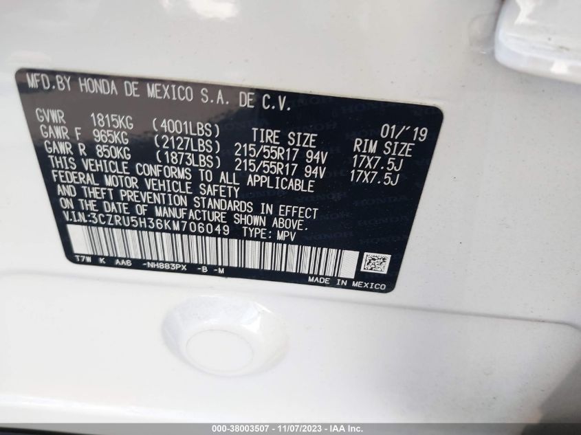 2019 HONDA HR-V LX - 3CZRU5H36KM706049