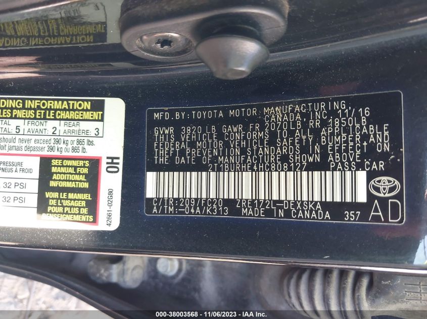 2017 TOYOTA COROLLA L/LE/XLE/SE/XSE - 2T1BURHE4HC808127