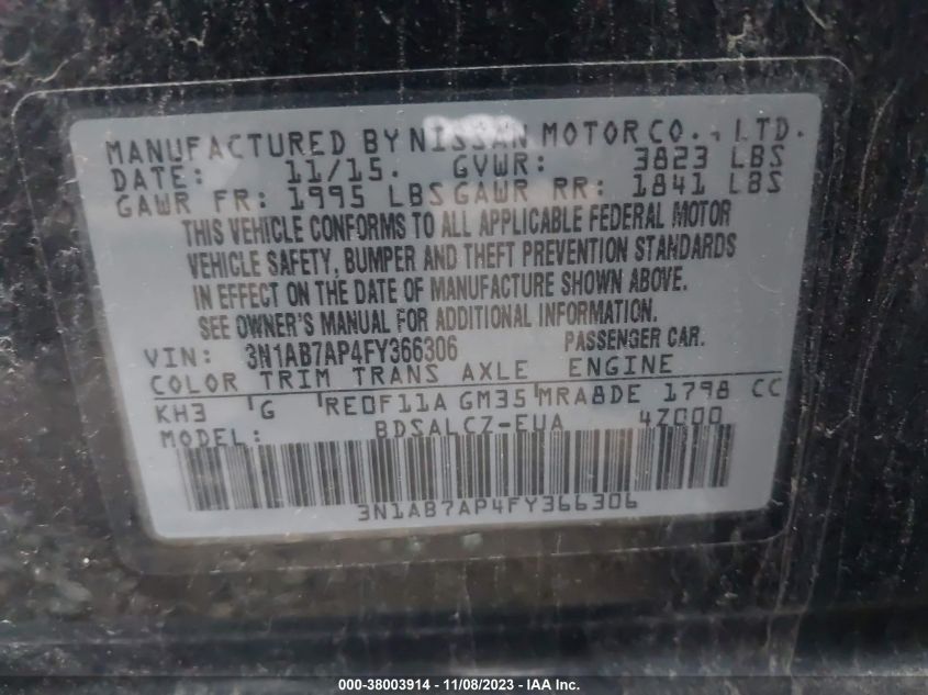 2015 NISSAN SENTRA S 3N1AB7AP4FY366306