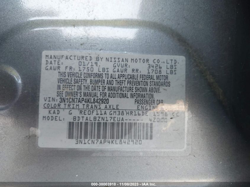 2019 NISSAN VERSA S/S PLUS/SV - 3N1CN7AP4KL842920