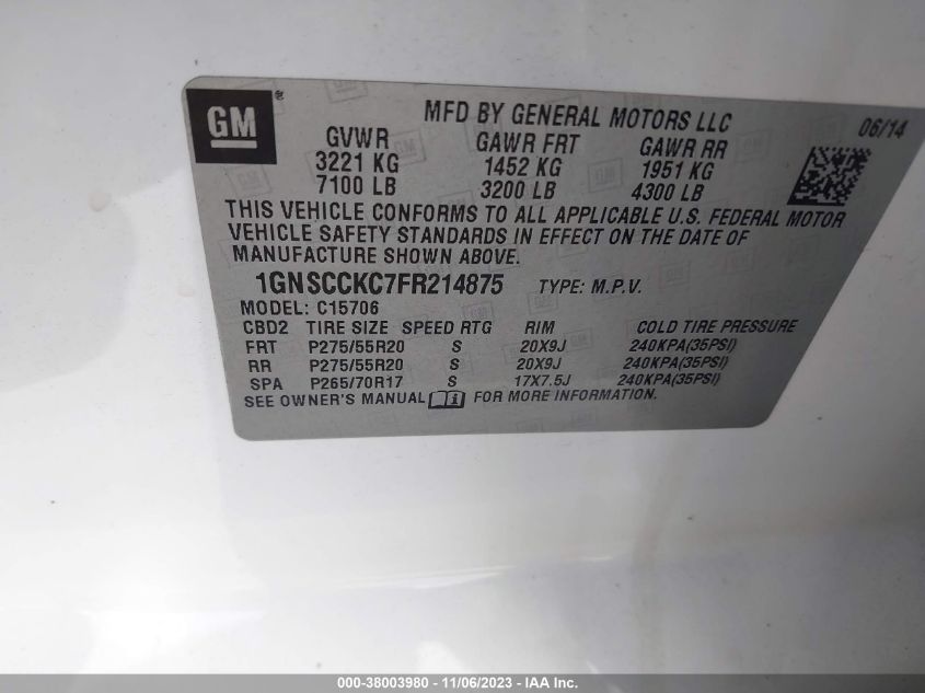 2015 CHEVROLET TAHOE C1500 LTZ - 1GNSCCKC7FR214875