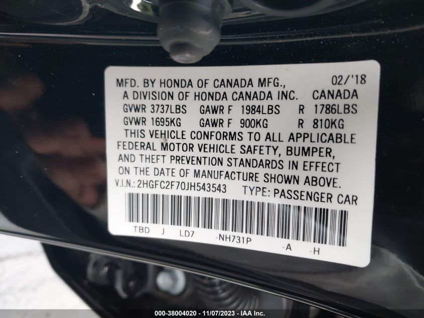 2018 HONDA CIVIC EX - 2HGFC2F70JH543543