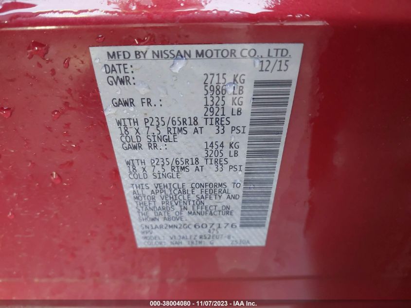 2016 NISSAN PATHFINDER S/SV/SL/PLATINUM - 5N1AR2MN2GC607176