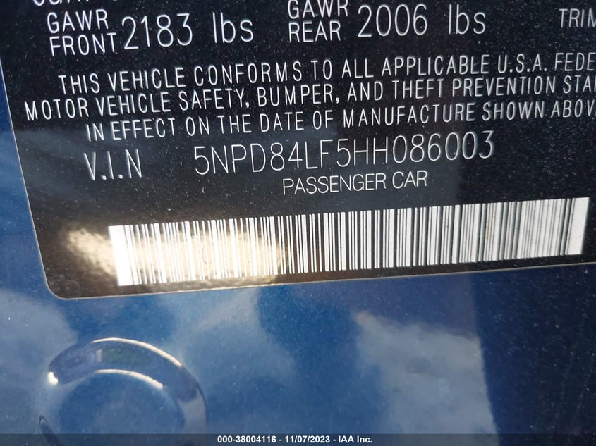 VIN 5NPD84LF5HH086003 2017 HYUNDAI ELANTRA SE/VALUE/LIMITED