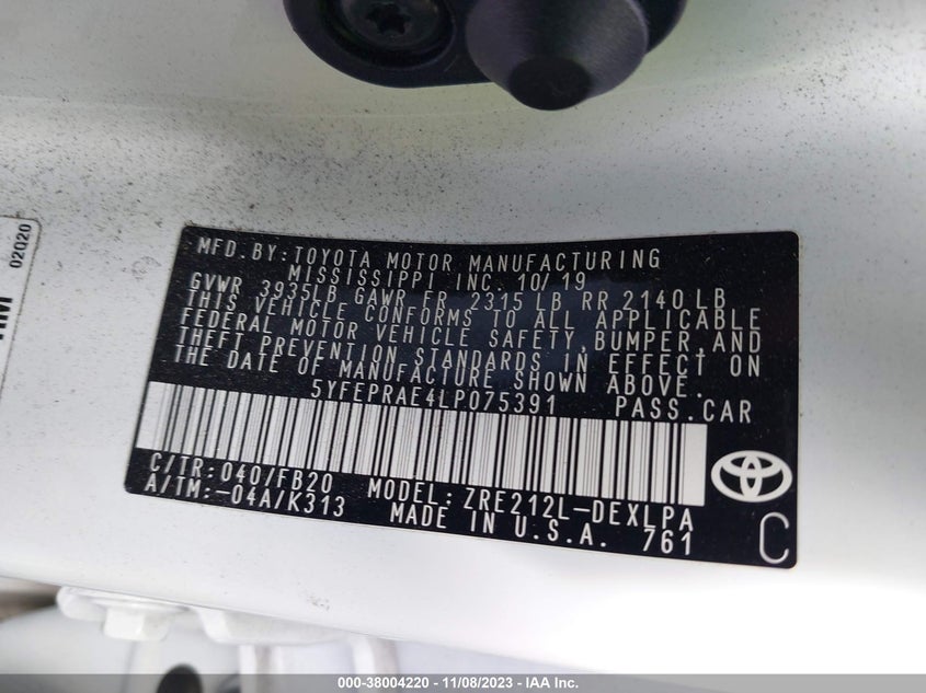 VIN 5YFEPRAE4LP075391 2020 TOYOTA COROLLA LE