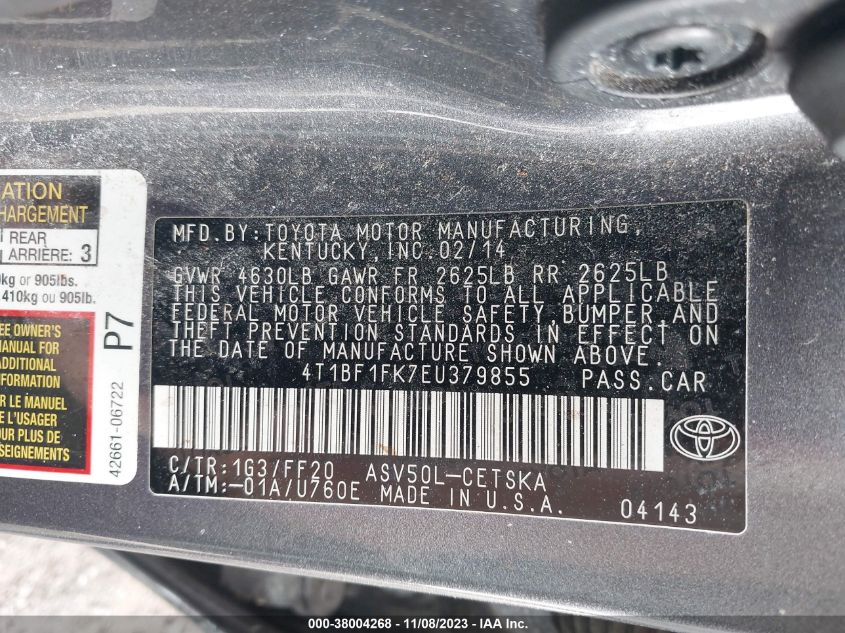 2014 TOYOTA CAMRY L/LE/XLE/SE/SE SPORT - 4T1BF1FK7EU379855
