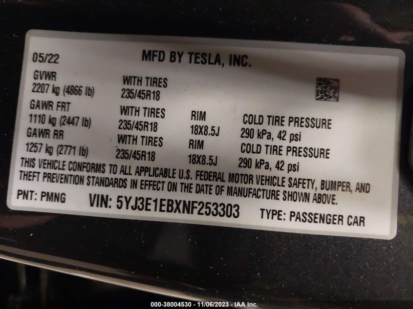 5YJ3E1EBXNF253303 | 2022 TESLA MODEL 3