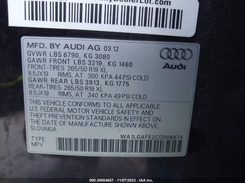 WA1LGAFE2CD008674 2012 AUDI Q7, photo no. 9