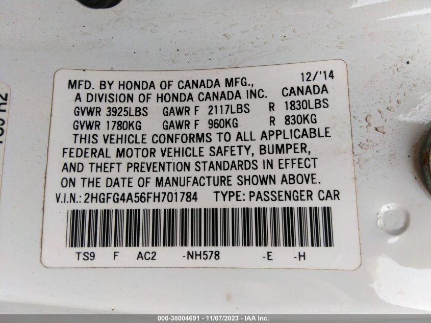 2015 HONDA CIVIC SI - 2HGFG4A56FH701784