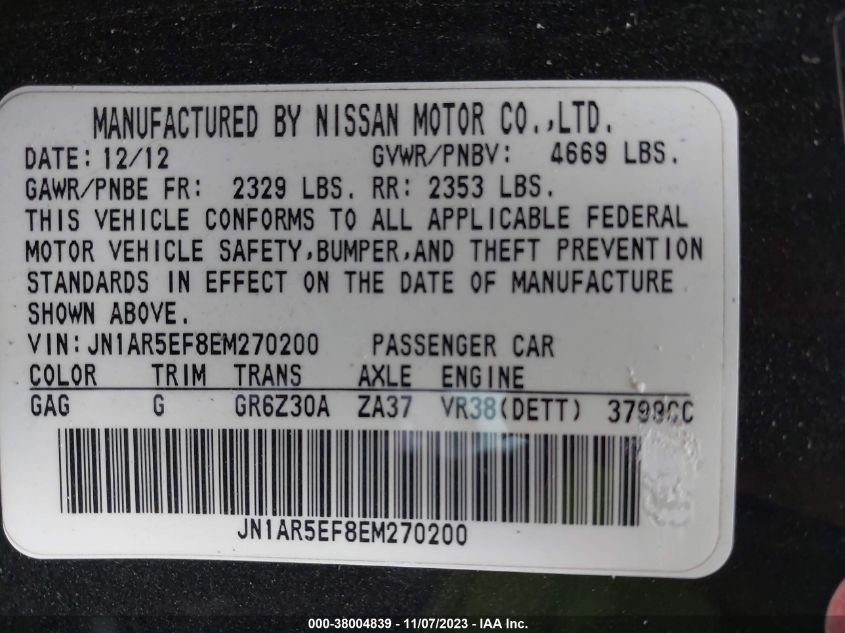 2014 NISSAN GT-R BLACK EDITION JN1AR5EF8EM270200