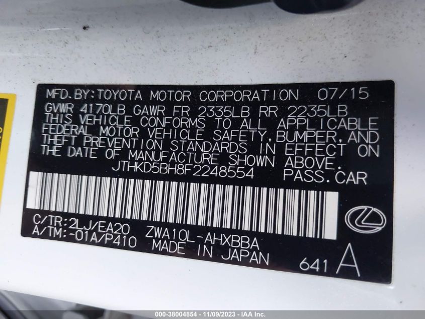 2015 LEXUS CT 200H HYBRID - JTHKD5BH8F2248554
