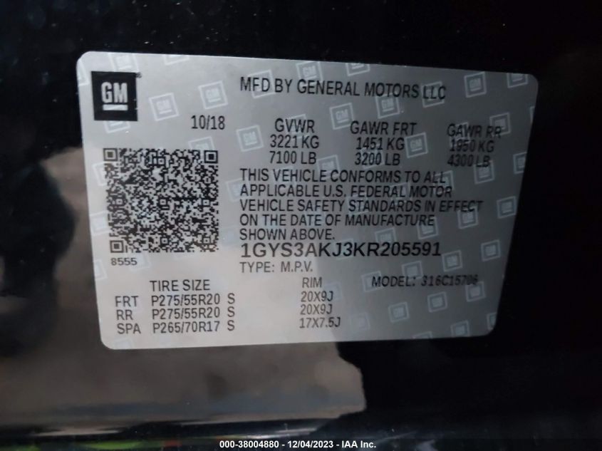 2019 CADILLAC ESCALADE STANDARD - 1GYS3AKJ3KR205591