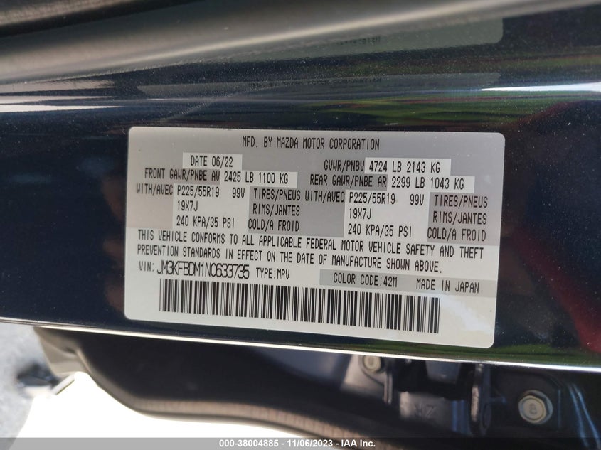 VIN JM3KFBDM1N0633735 2022 MAZDA CX-5 PREMIUM