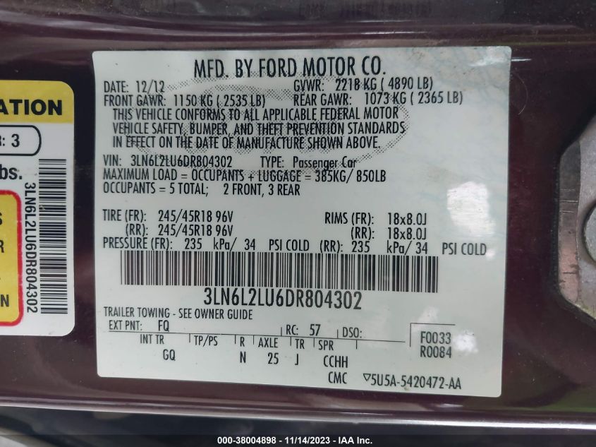 2013 LINCOLN MKZ HYBRID HYBRID 3LN6L2LU6DR804302
