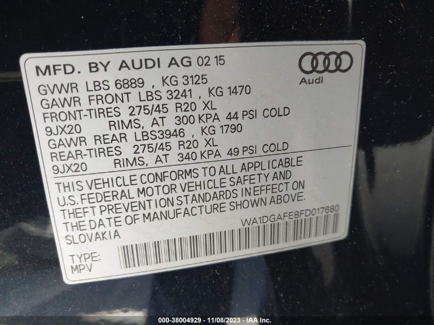 2015 AUDI Q7 3.0T S LINE PRESTIGE - WA1DGAFE8FD017680