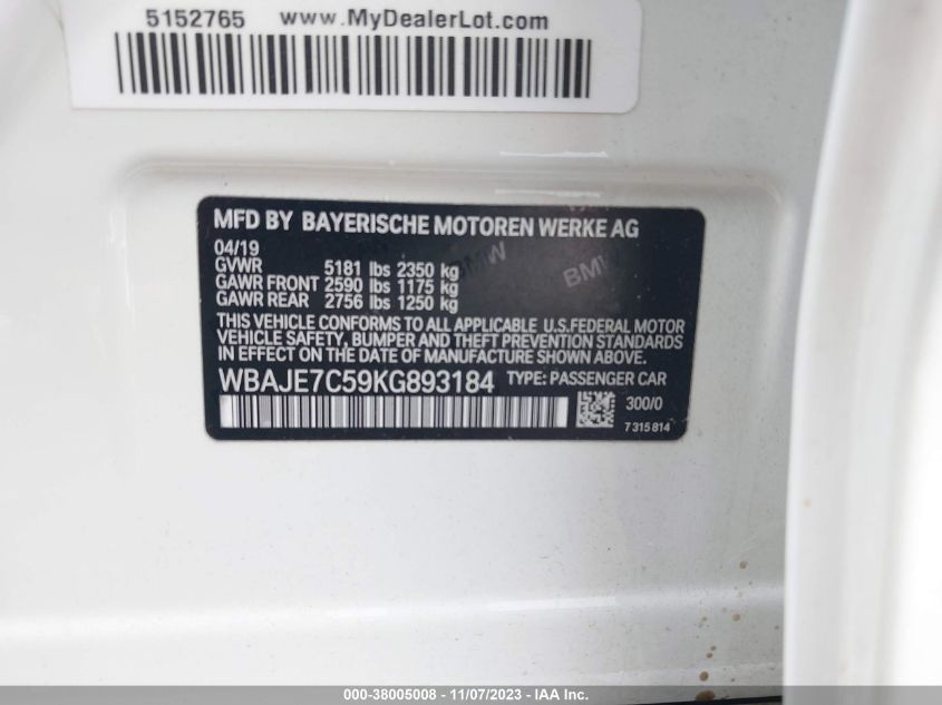 2019 BMW 540I XDRIVE WBAJE7C59KG893184